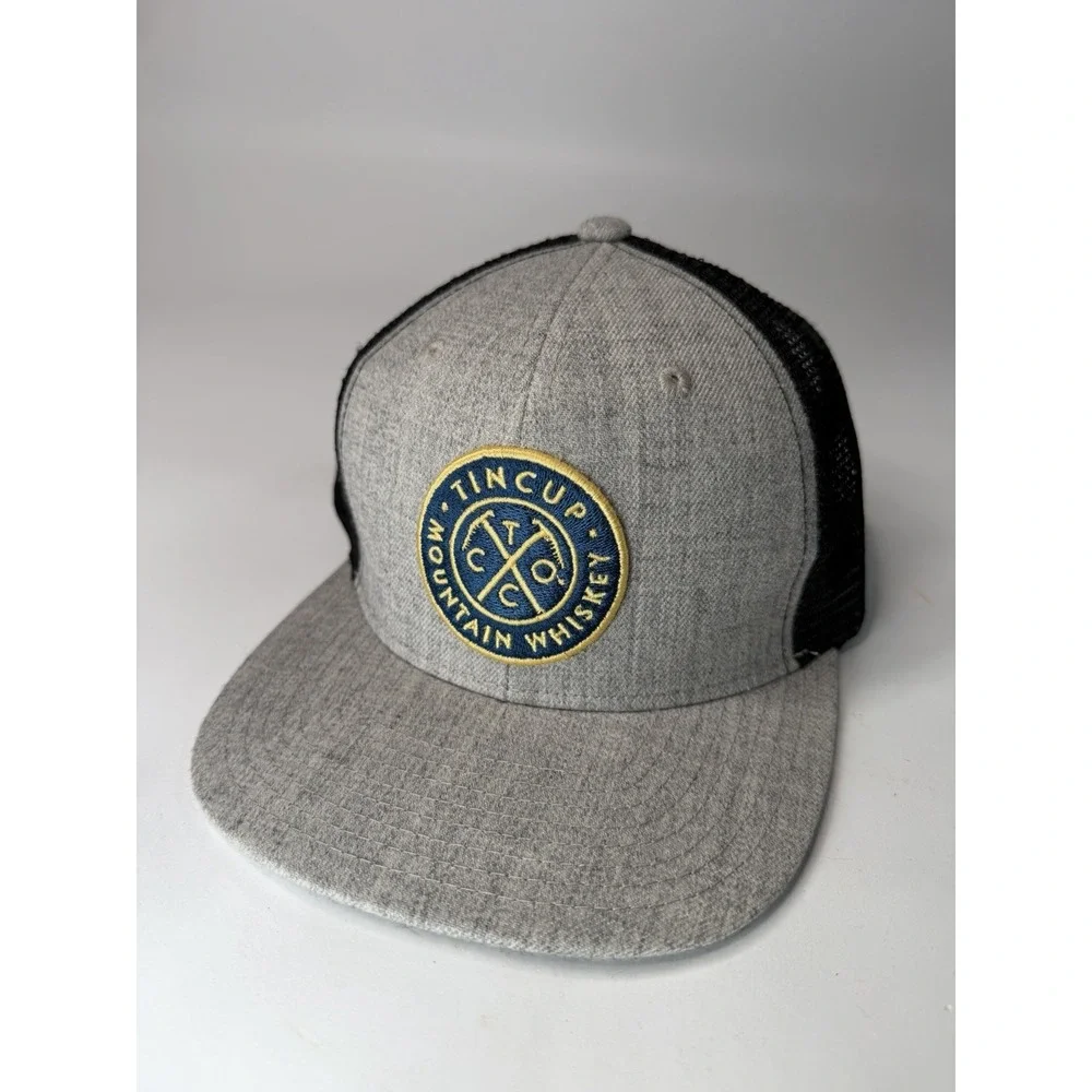 Tincup Mountain Whiskey Hat Cap Snapback Gray Black Mesh Back Round Patch